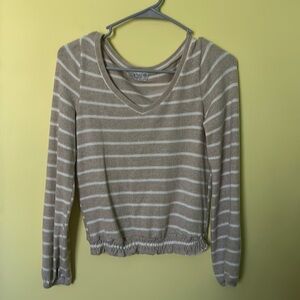 Long sleeve sweater, tan with white strips size small